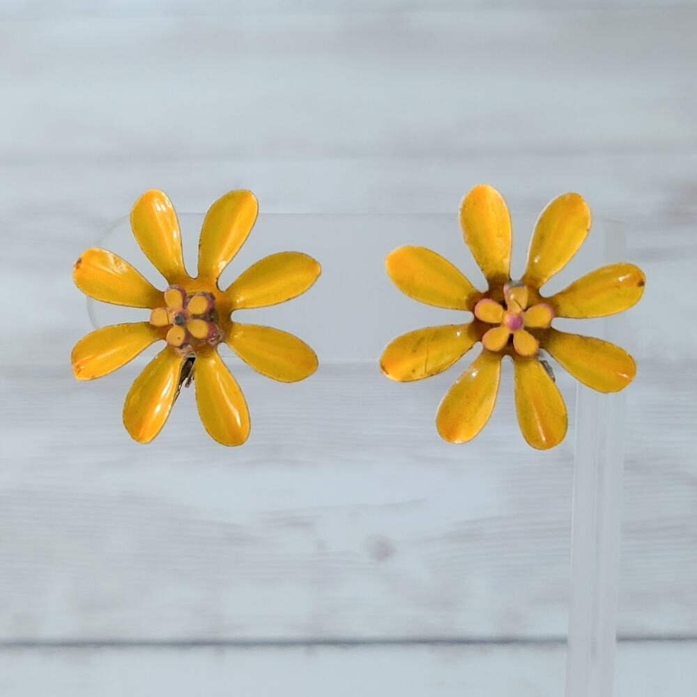 Vintage Clip On Earrings Very Large Yellow Flower Retro - Fair Condition